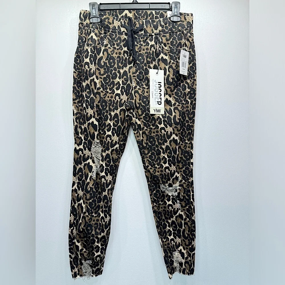 Leopard Animal Print Joggers YMI Distressed Raw Hem High Rise 5 Pocket Mobwife